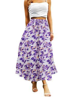 Women's Purple/White Floral Boho High Waisted Flowy Elastic Waist Midi Skirt